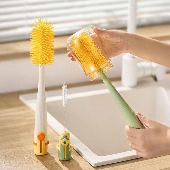 Home Kitchen Gadget 5 in 1 Silicone Cup Brush with Long Handle, Multifunctional Deep Bottle Cleaning Brush, Non-slip Reusable Cleaner for Baby Bottles