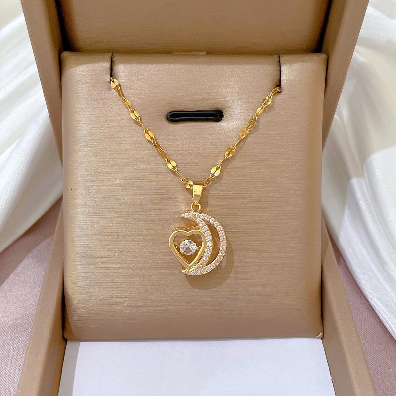 Halskette mit Mond- und Herz-Zirkon-Anhänger im koreanischen Stil, nicht verblassende Titanstahl-Schlüsselbeinkette für Damen