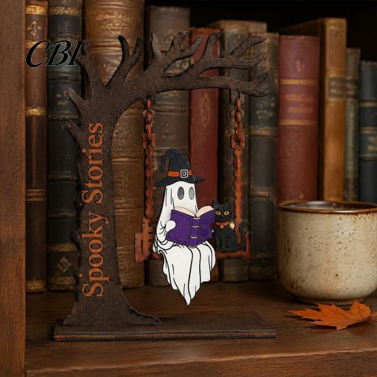 Kantoorbureau Decoratie Items Halloween Desktop Schommel Decor, Spookachtige Huis Lezen Geest op Een Beeldje Uniek Houtbewerking Cadeaus voor Woonkamer Keuken