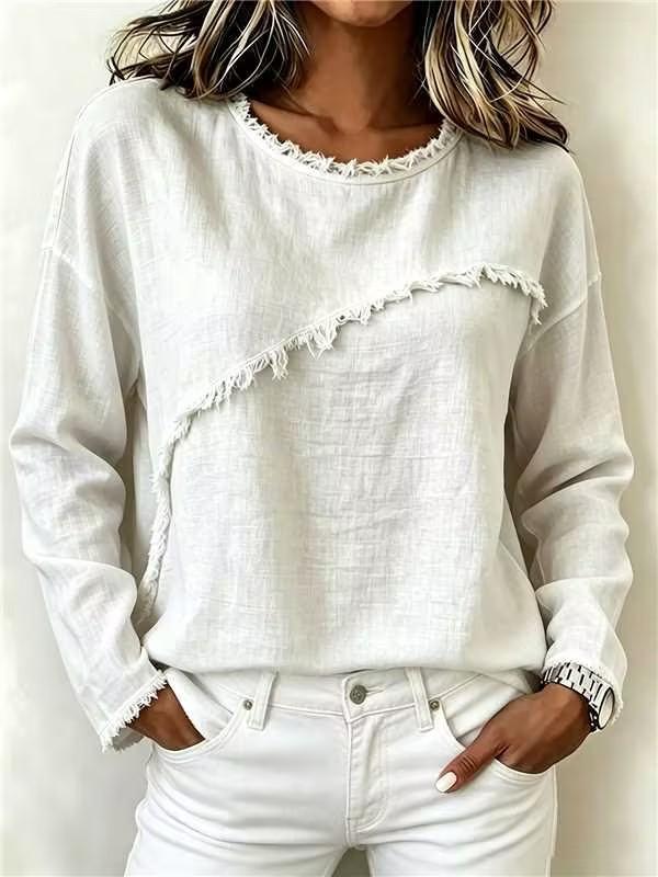 Women Solid Color Raw Edge Long Sleeve Top Casual Loose Fit Pullover Sweatshirt