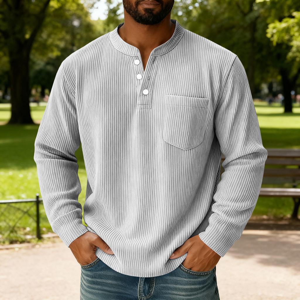 Men's Solid Color Corduroy Three-button Collar Men's Long-sleeved Shirt