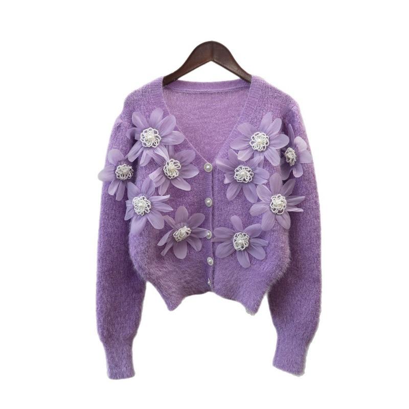 Short heavy industry three-dimensional flower bead knitted cardigan autumn and winter new design temperament sweater jacket women