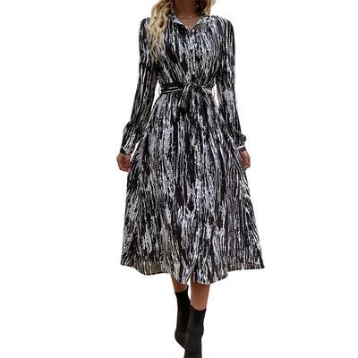Robe longue pour femme à col rabattu, manches longues, fermeture boutonnée, avec ceinture, imprimée, pour le printemps