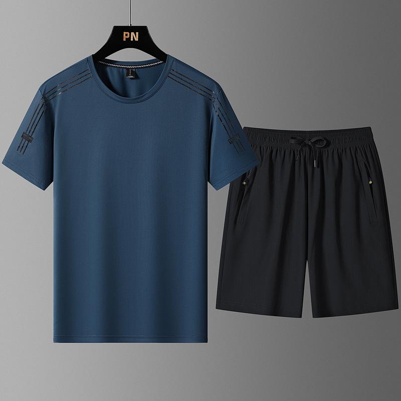 Extra Large Summer Sports Suit Men's Ice Silk Thin Short Sleeved Men's Shorts Quick Drying Handsome Two-piece Set