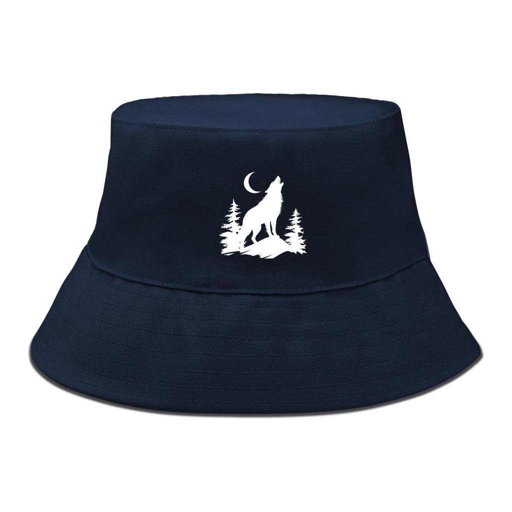 Wolf & Moon Print Bucket Hat , Sun Cap Unisex Candy Color Spring Beach Hat