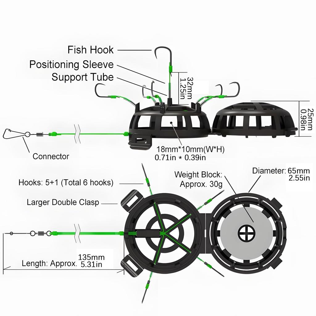Umgekehrter Boden Köderkorb Schnurhaken Angeln Köderkorb Anti-Verwicklung 6 Haken Kohlenstoffstahl Vorfach Futterkorb Blei Explosionshaken