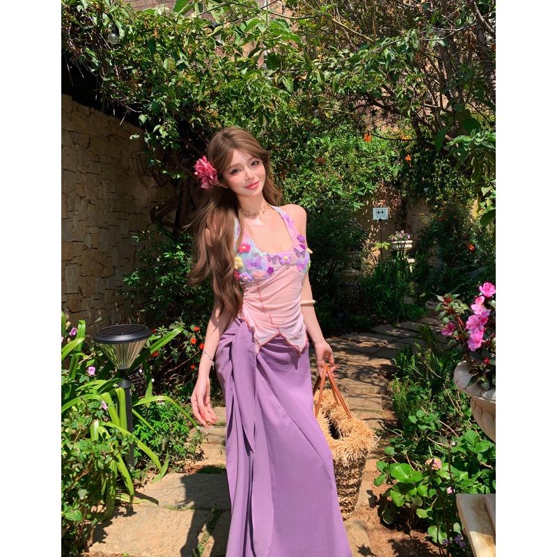 Island Vacation Wear Three-dimensional Suspenders Flower Vest Top Irregular Lace-up Skirt Two-piece Set Women's Summer