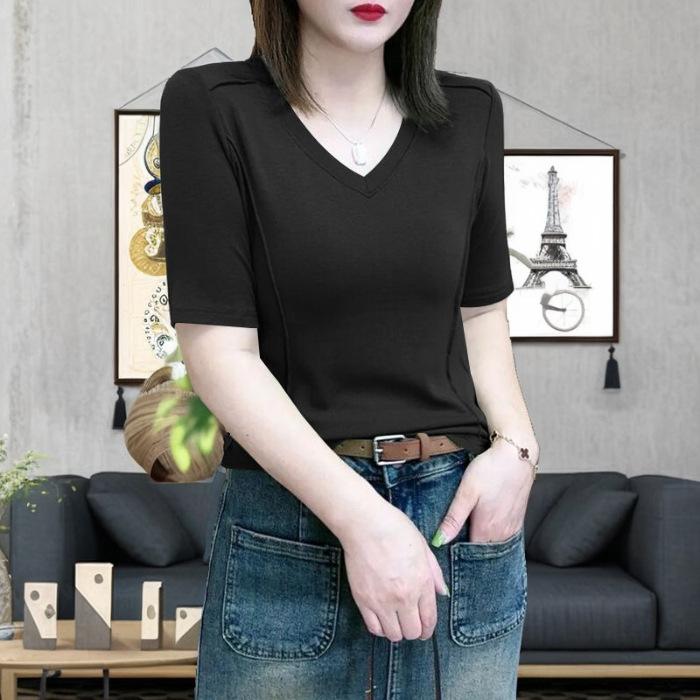 Women's Short-sleeved T-shirt for Women In The Summer New Design, Slim and Versatile Fish Bone V-neck Top for Women
