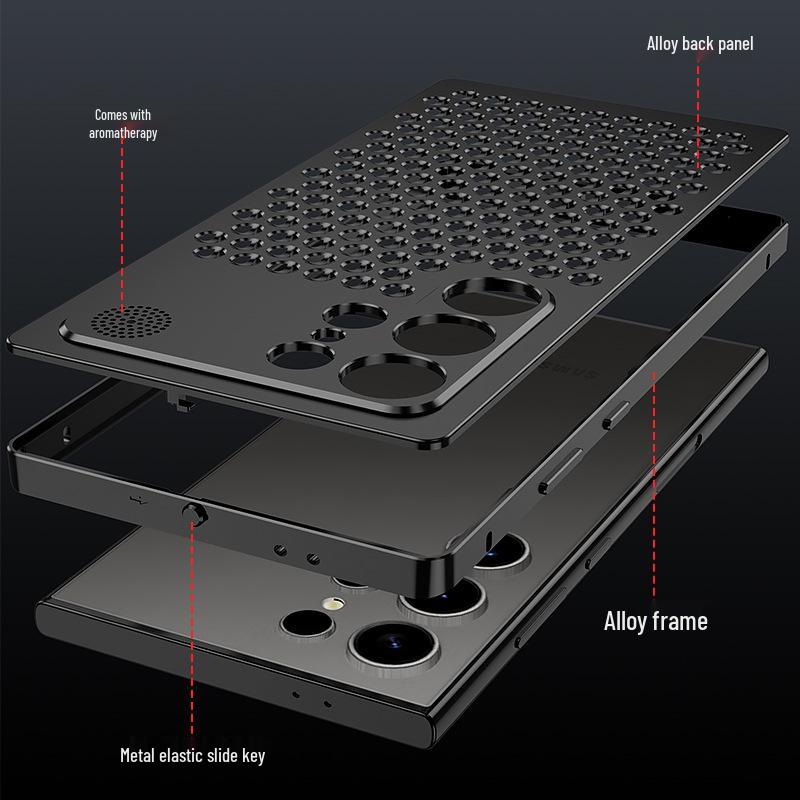 Custodia Raffreddante in Metallo per Aromaterapia Samsung S26 Ultra: Cover Protettiva Anti-Caduta a Scatto per S25 e S24 Ultra