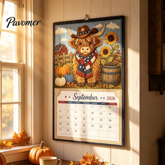 Highland Cow Wall Calendar Farmhouse DIY Kit for 12 Months, Handmade Personalized Paper And Cloth Craft Set, Rustic Home Office Decor Monthly