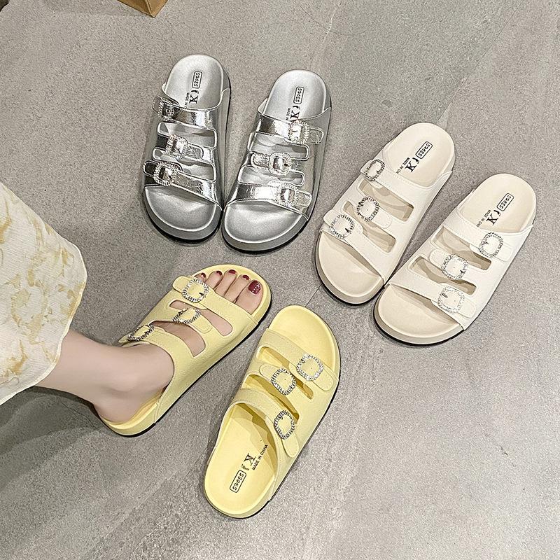Thick-bottomed one-character slippers for women's outer wear summer new versatile rhinestone soft-bottomed sandals for women's slippers