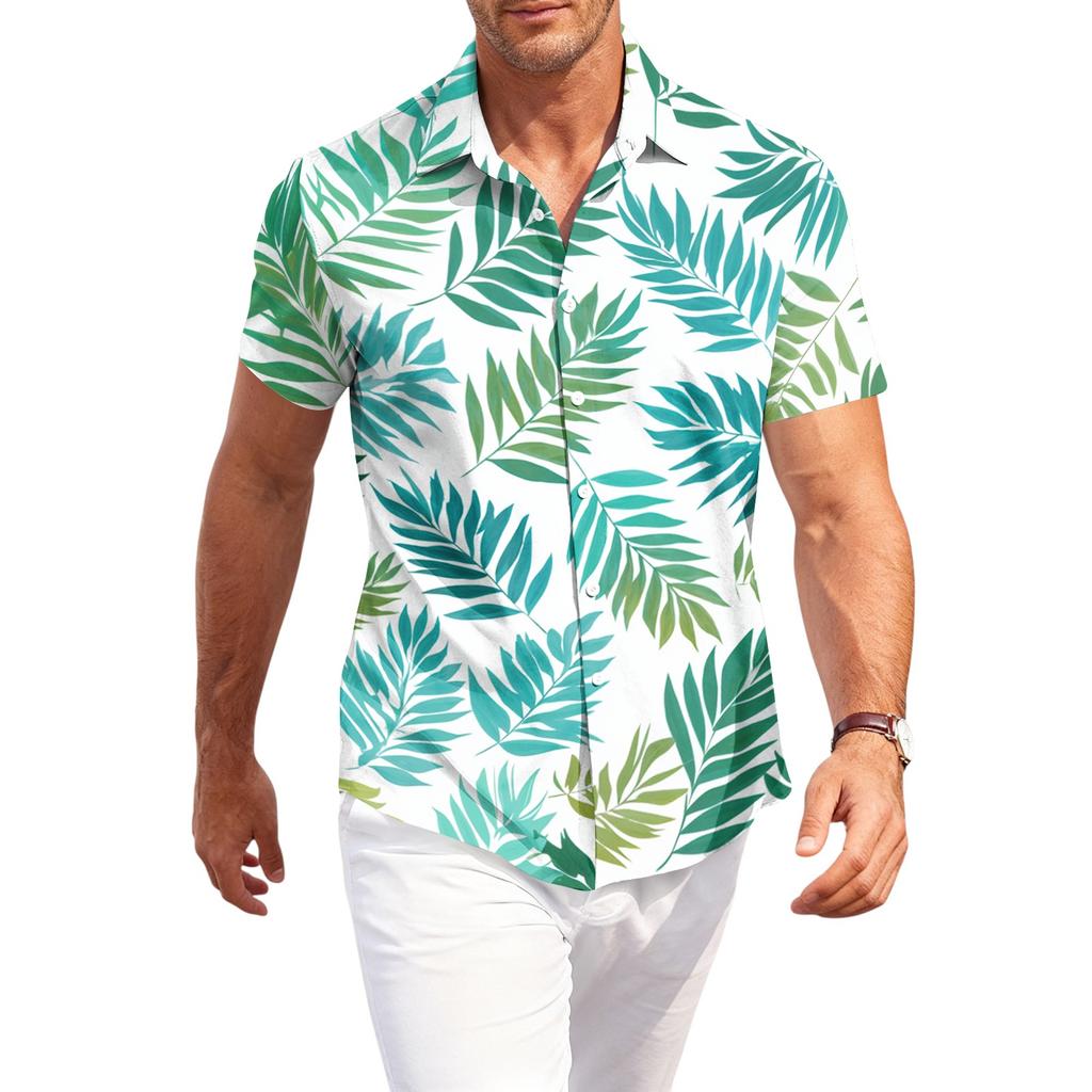 Men's Casual Loose Fit Short Sleeve Shirt Button Down Palm Leaf Print Lightweight Summer Beachwear Shirt