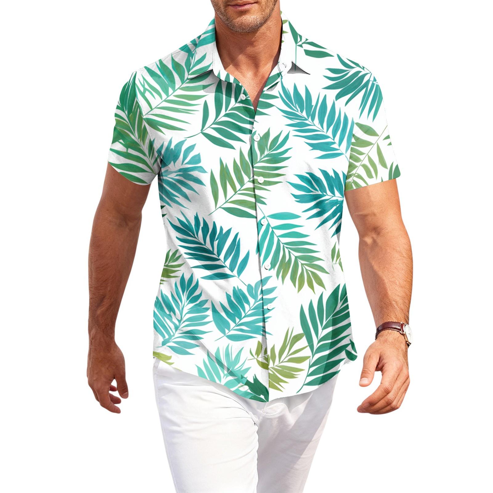 

Men s Casual Loose Fit Short Sleeve Shirt Button Down Palm Leaf Print Lightweight Summer Beachwear Shirt S