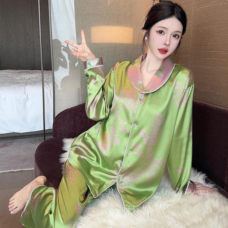 Light Luxury Retro Elegant Long-Sleeved Trousers Loungewear Imitation Silk Comfortable Loose Pajamas