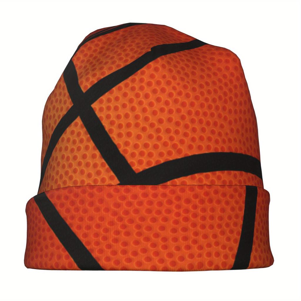 Biihudu Sport Basketball Skullies Beanie Hat - Realistic Orange & Black Basketball Texture Design, Stretchy Comfort Fit For Spor