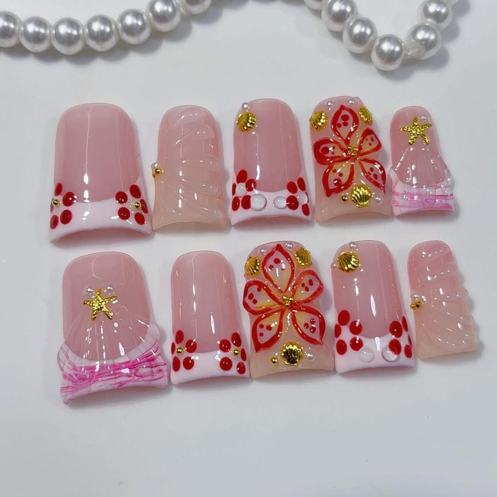 3D Floral Handcrafted French Press-On Nails