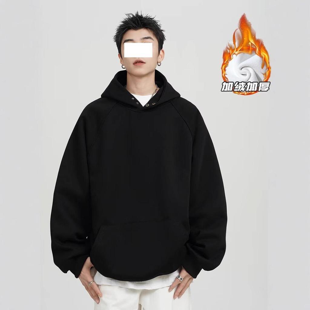 Heavy Button Hooded Sweater Men's Spring and Autumn Velvet Trendy Brand Loose Casual Solid Color Versatile American Hoodie Jacket