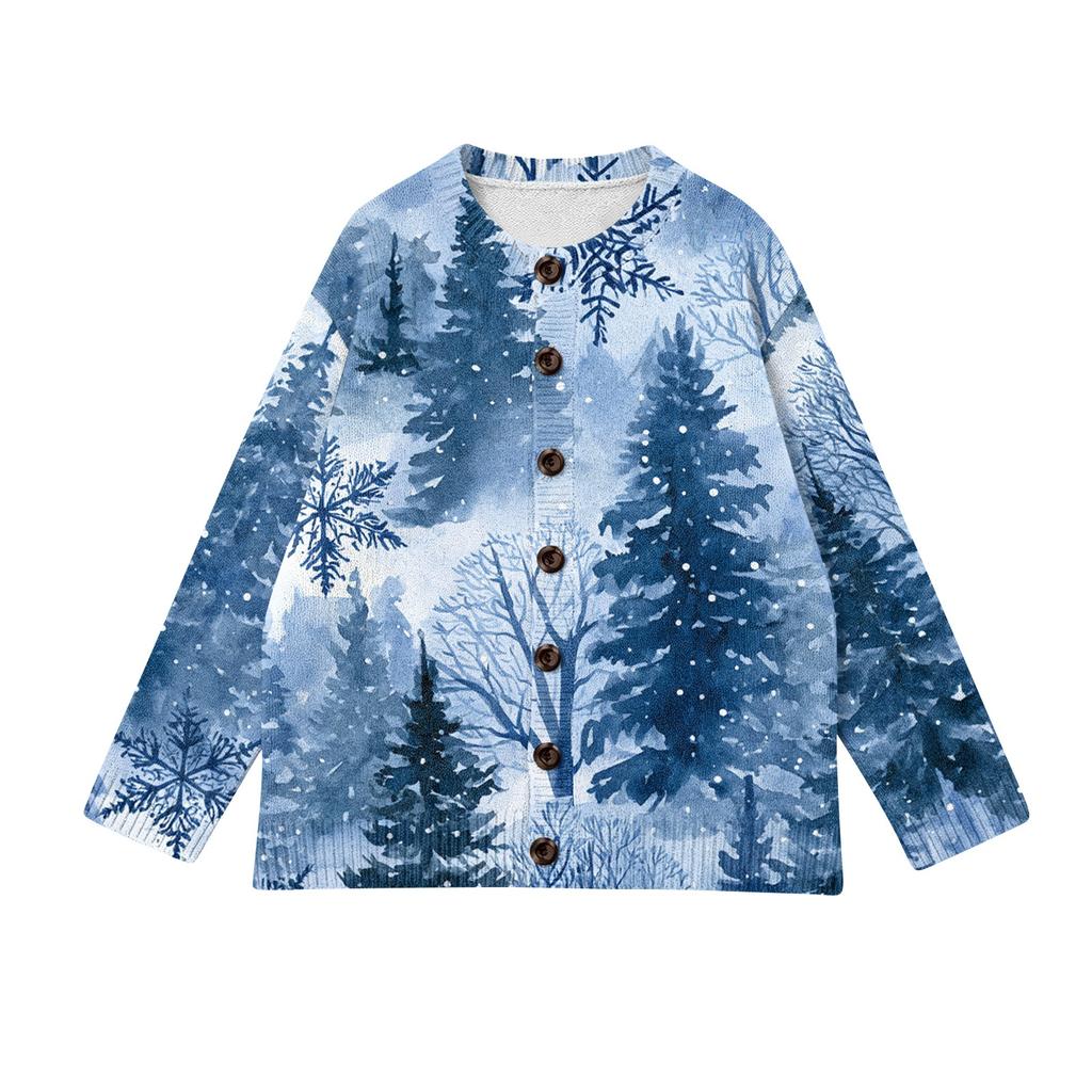 Dame Juleprint Langærmet Strikket Cardigan Knaplukning Afslappet Sweaterjakke