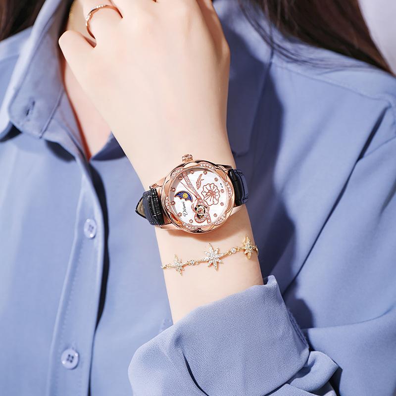 Watches Women Fashion Watch Automatic Mechanical Rhinestone Skeleton Dial Premium Leather Band Elegant Lady Watch New