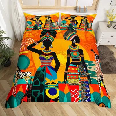 Schwarze Frau Bettbezug Ethnisch Afro Afrikanisch Bettdeckenbezug Traditionell Exotisches Bettwäscheset Tribal Steppdeckenbezug mit 2 Kissenbezügen