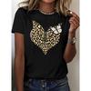 European Size Women'S Black Leopard Print Heart & Butterfly Graphic T-Shirt -Crew Neck Short Sleeve Top, Casual Streetwear