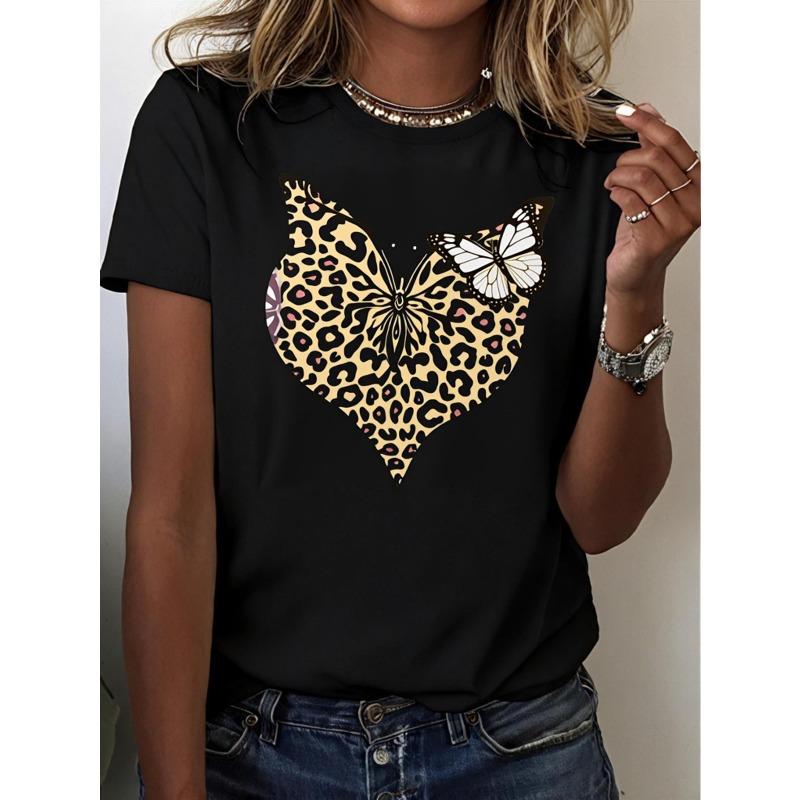 

European Size Women S Black Leopard Print Heart & Butterfly Graphic T-Shirt -Crew Neck Short Sleeve Top, Casual Streetwear 4XL