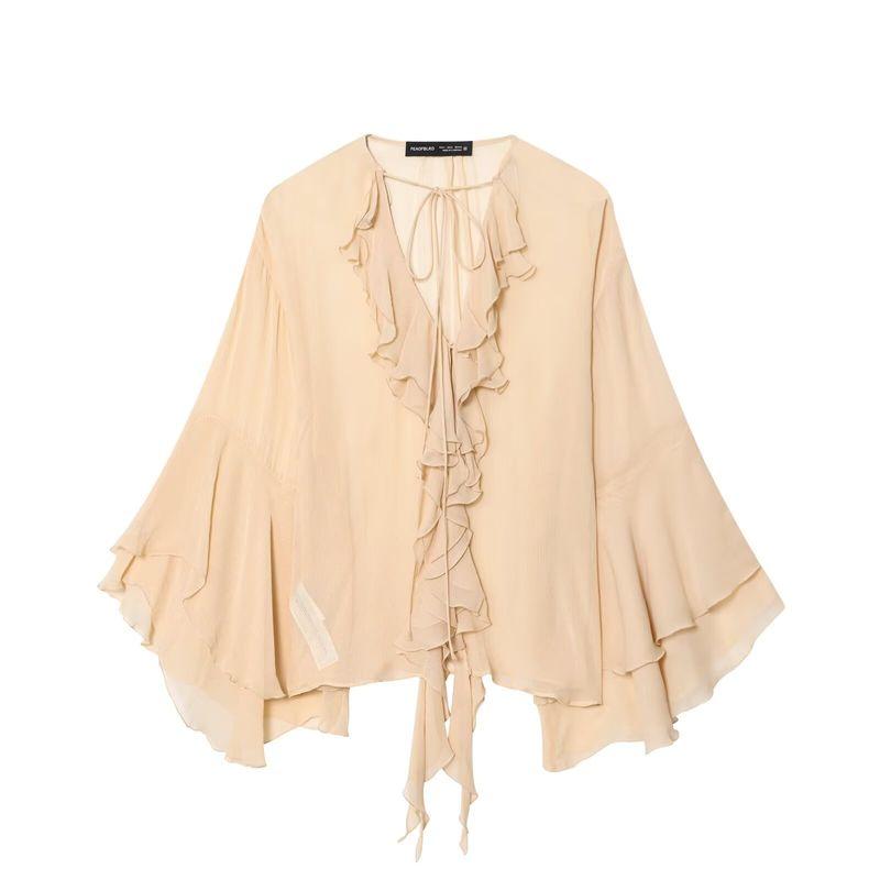 

Araltay New Arrival Fashion Style Women s Clothing French Style Temperament Low Collar Tied Lotus Leaf Bell Sleeve Shirt 1702 Champagne L