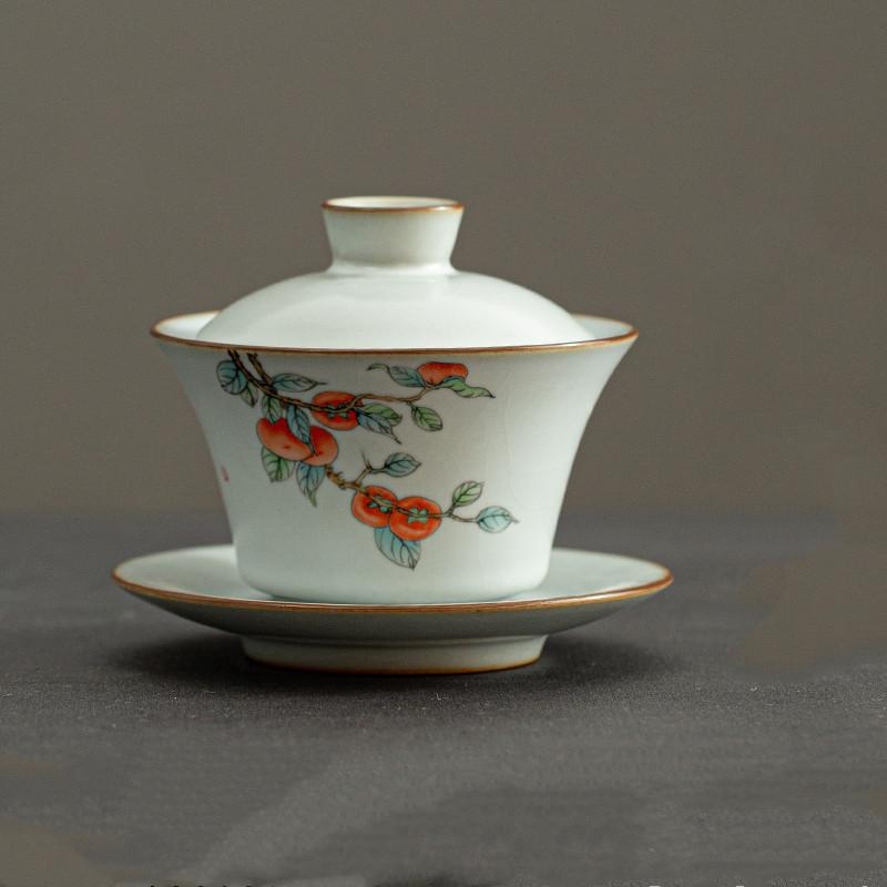 

Vintage Ceramic Tea Tureen Home Hand Painted Persimmon Gaiwan Chinese Tea Set Accessories Tea Table Supplies with Cover Teacup 11.5x9cm 150ml