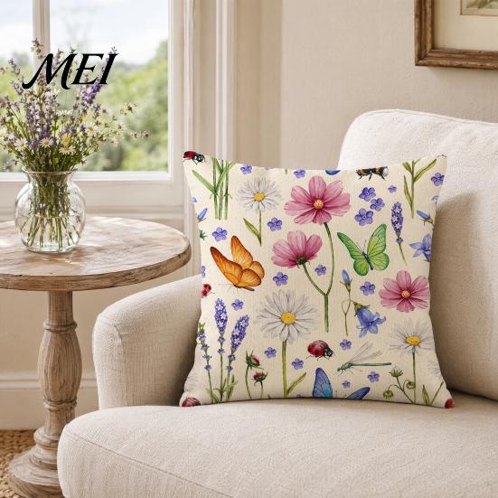 Cotton Linen Pillowcase Floral Cushion Cover, 18x18 Inch Decorative Throw Pillow Cover with Hidden Zipper, Breathable Plant Insect Flower Patterns,