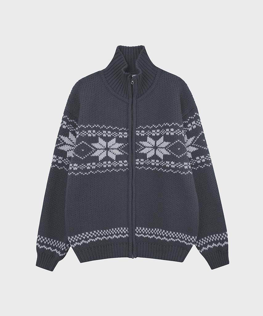 Fake Camper Snowflake Jacquard Nordic Knit Zip-Up [Grey]