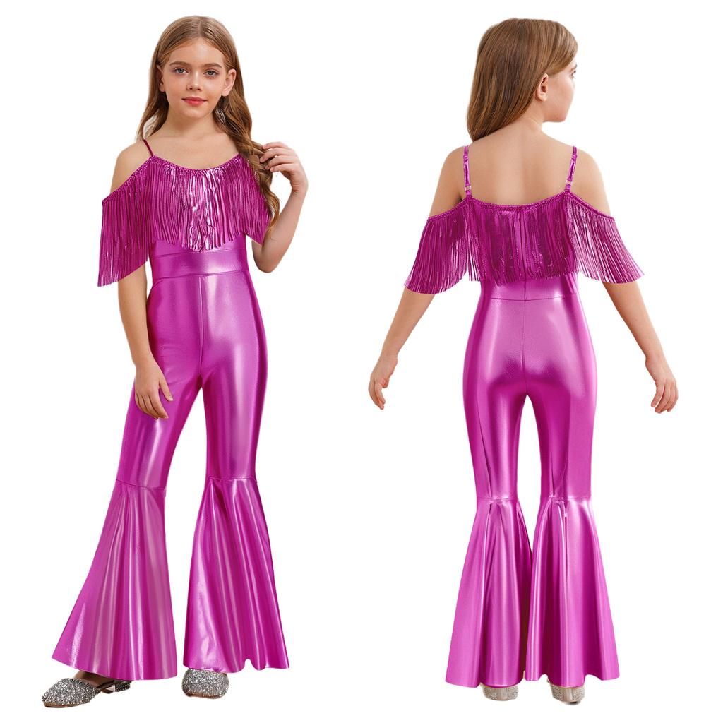 Sparkly Sequins Jumpsuit for Girls Spaghetti Strap Sleeveless with Tassels Flared Pants Pageant Club Outfit