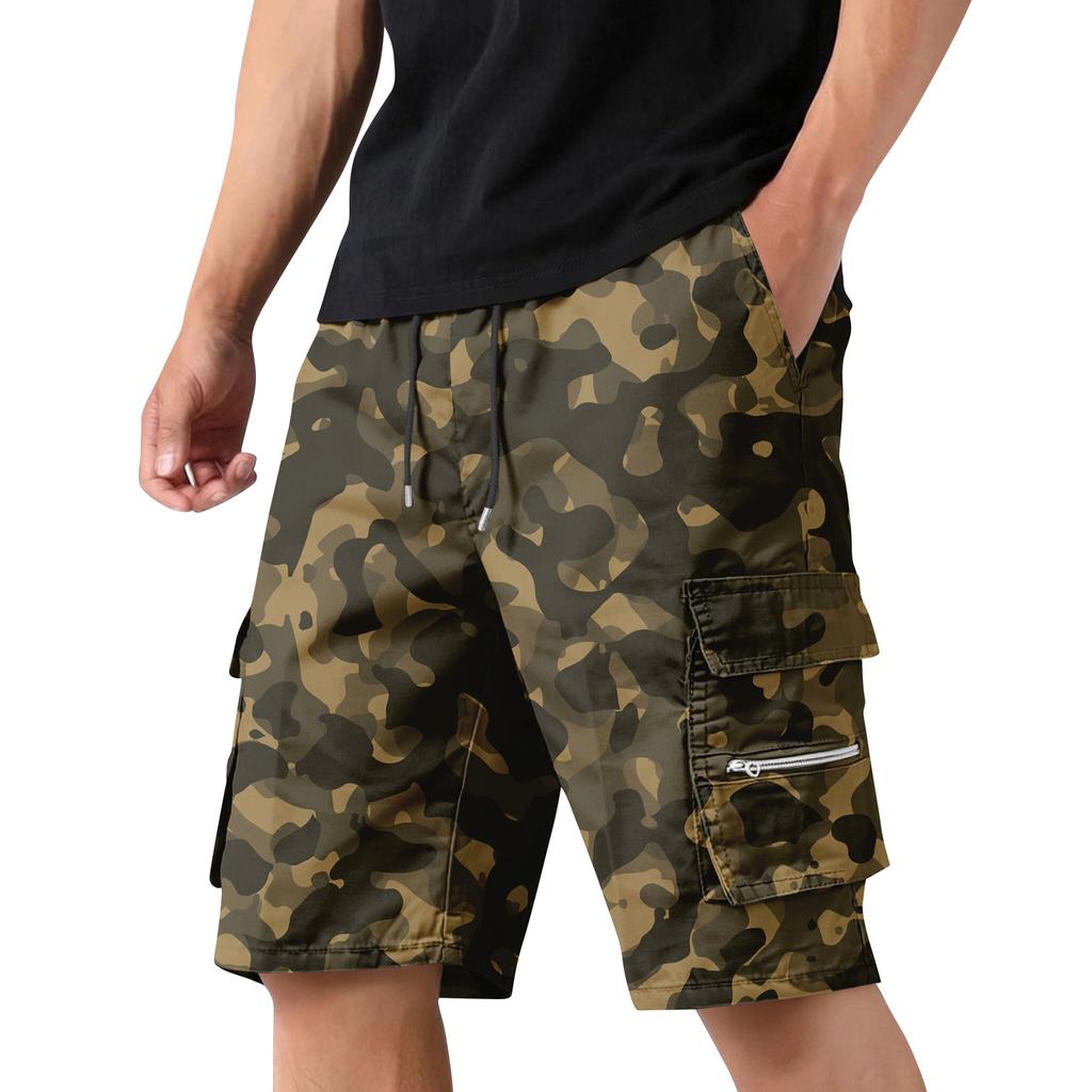 Men's Camouflage Cargo Shorts with Drawstring, Casual Workout Shorts for Summer, Multi-Pocket Elastic Waist Shorts