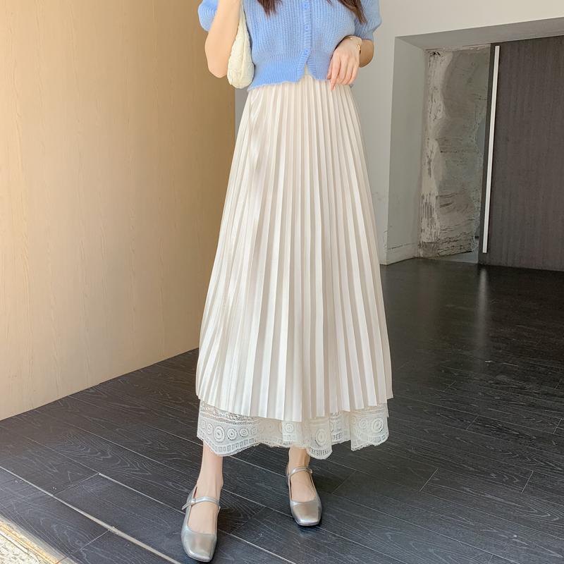 Women's Double-Sided Lace A-Line Pleated Long Flare Skirt for Autumn