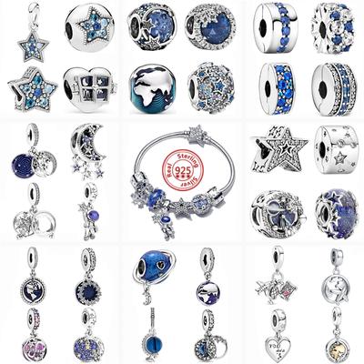 925 Sterling Silber Blauer Planet Sterne Mond Anhänger Pavé Clip Perlen Weltraum Reise Charms Passend für Original Armband DIY Schmuck