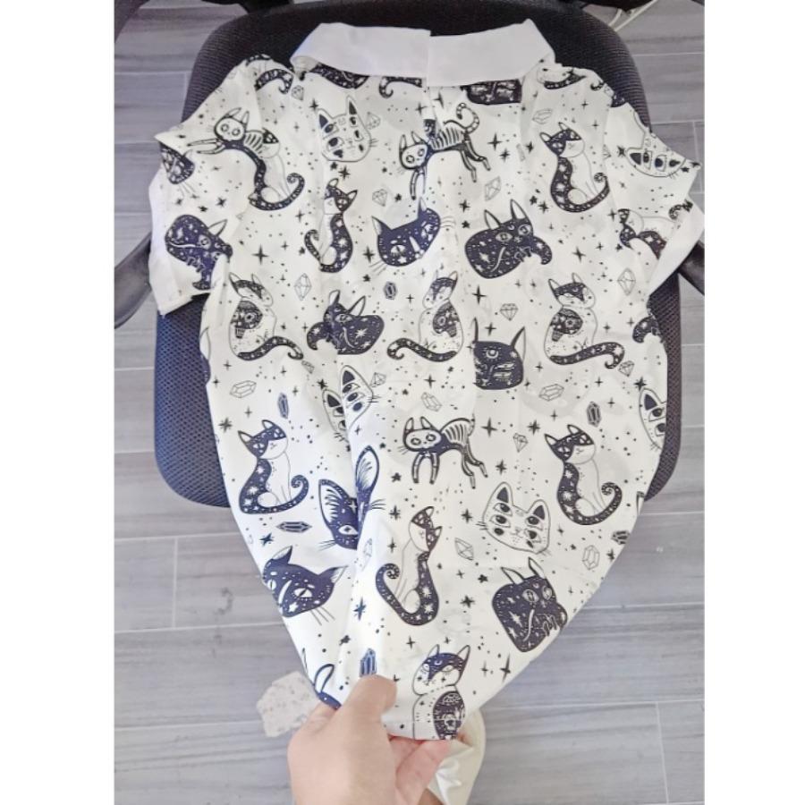 Patchwork Color Lapel Collar Blouses & Shirts White Cat Printed Tops Women’s Clearance In Stock
