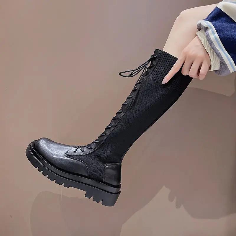 Ladies Boots Winter Knee High Shaft Shoes for Women Long White Footwear Elastic Platform Comfortable and Elegant New In Rock Hot