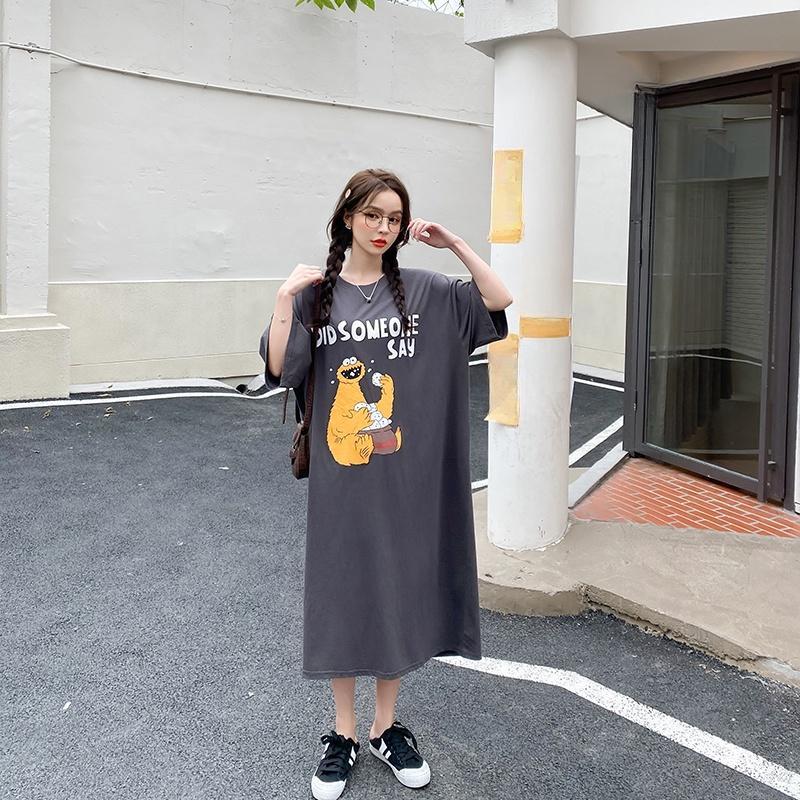Volné dámské tričkové šaty s kulatým výstřihem a krátkým rukávem ve velké velikosti, dlouhé ležérní šaty, spací šaty ke kolenům