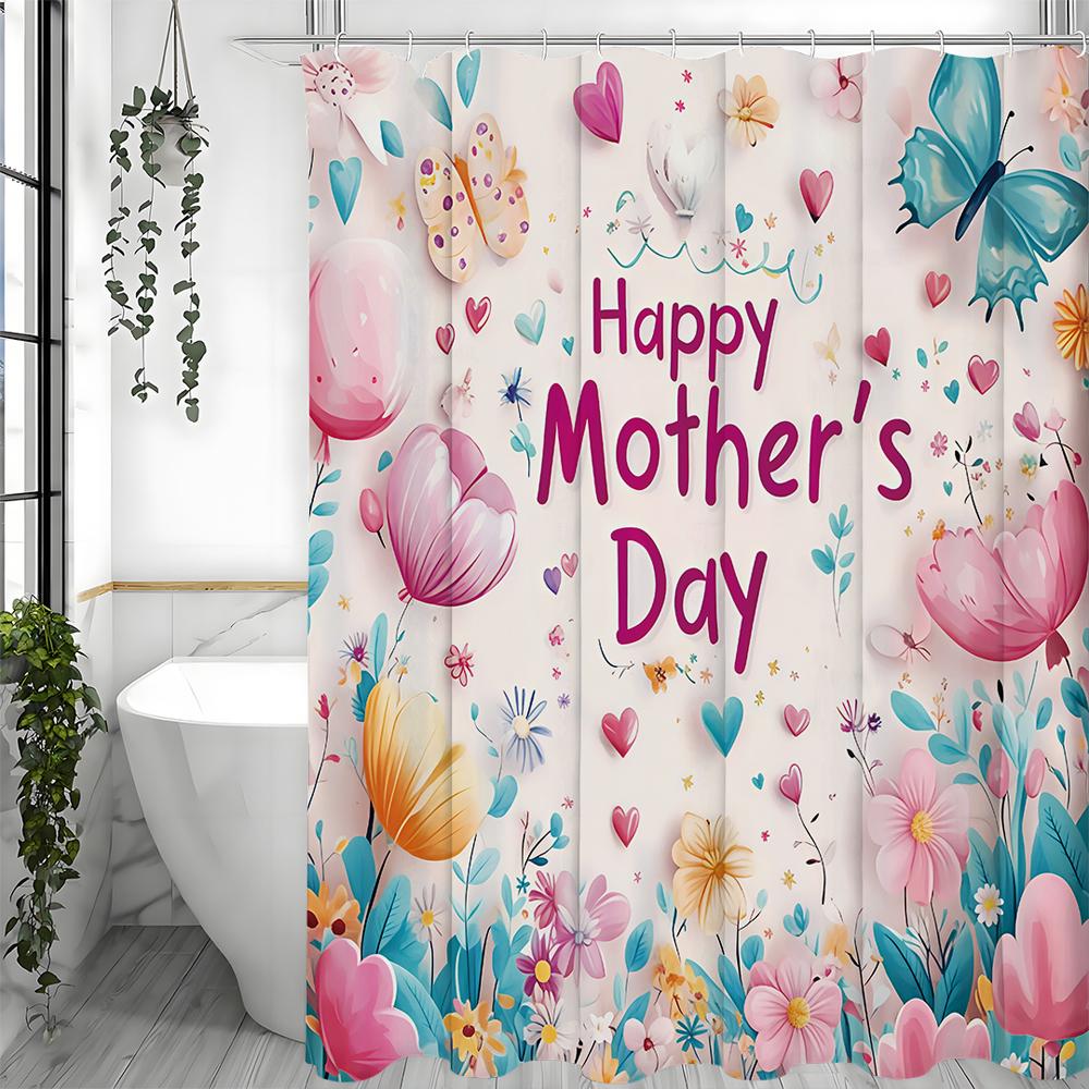 Happy Mother's Day Colorful Floral Butterfly Shower Curtain, Bathroom Decorative Shower Curtain, Waterproof Shower Curtain with