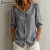 New Summer Striped Ruffle Collar Button-Down Shirt for Women