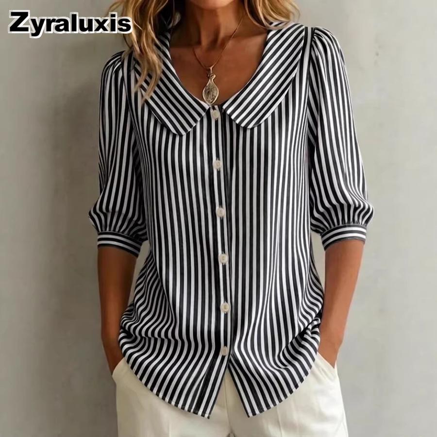 New Summer Striped Ruffle Collar Button-Down Shirt for Women