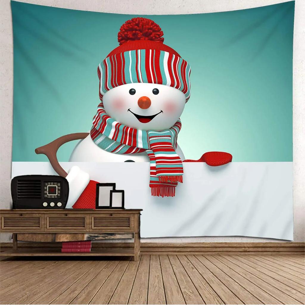 Snowman Snowflake Merry Christmas Tapestry New Year Winter Party Tapestry Wall Hanging Decor for Home Living Room Bedroom Dorm