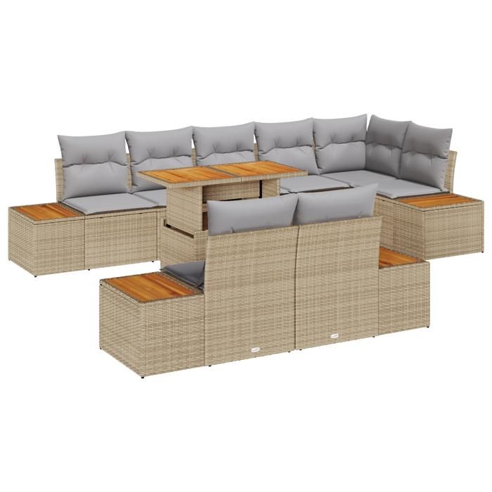 VidaXL Ensemble de salle à manger de jardin de 9 pièces avec coussins en poly rotin beige et acacia 3350082