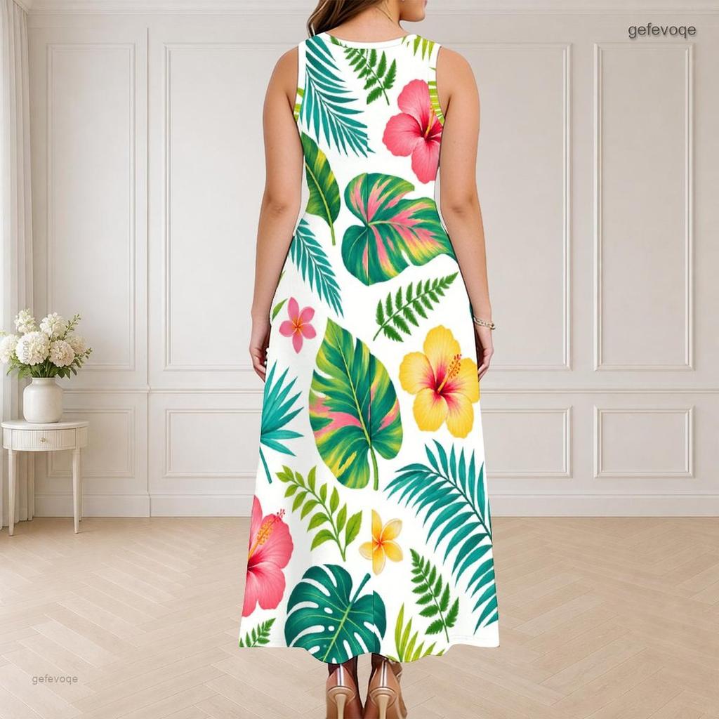 Women Plus Size Round Neck Triple Keyhole Cutout Sleeveless Floral Printed Long Dress