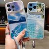 Beach Coast Print Leather Lanyard Case For iPhone 18 Pro Max Hybrid TPU+PU Anti-skid Soft Cover For iPhone 17 16 15 14 13 Pro Max