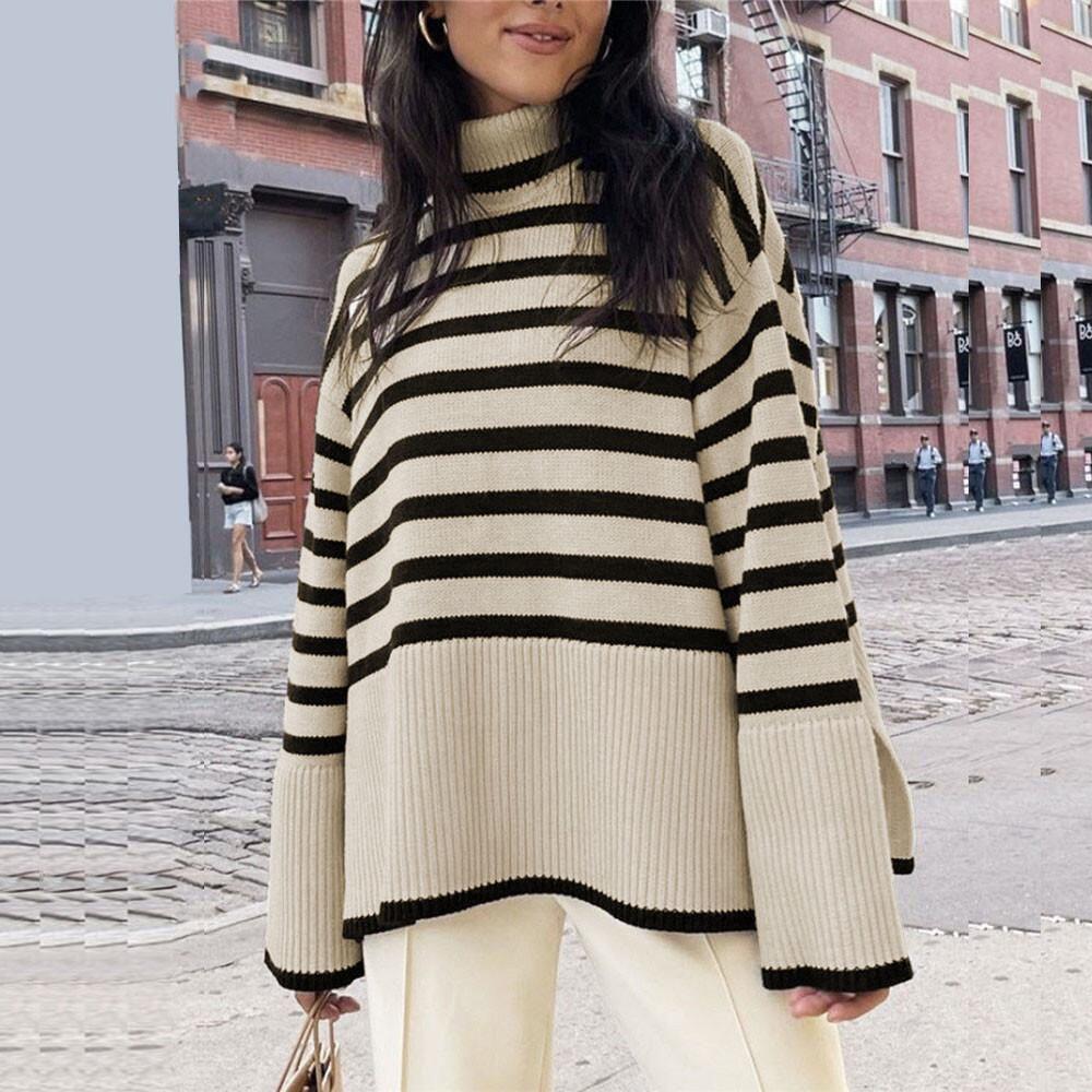 

European and American Loose Striped Sweater Large черный белый