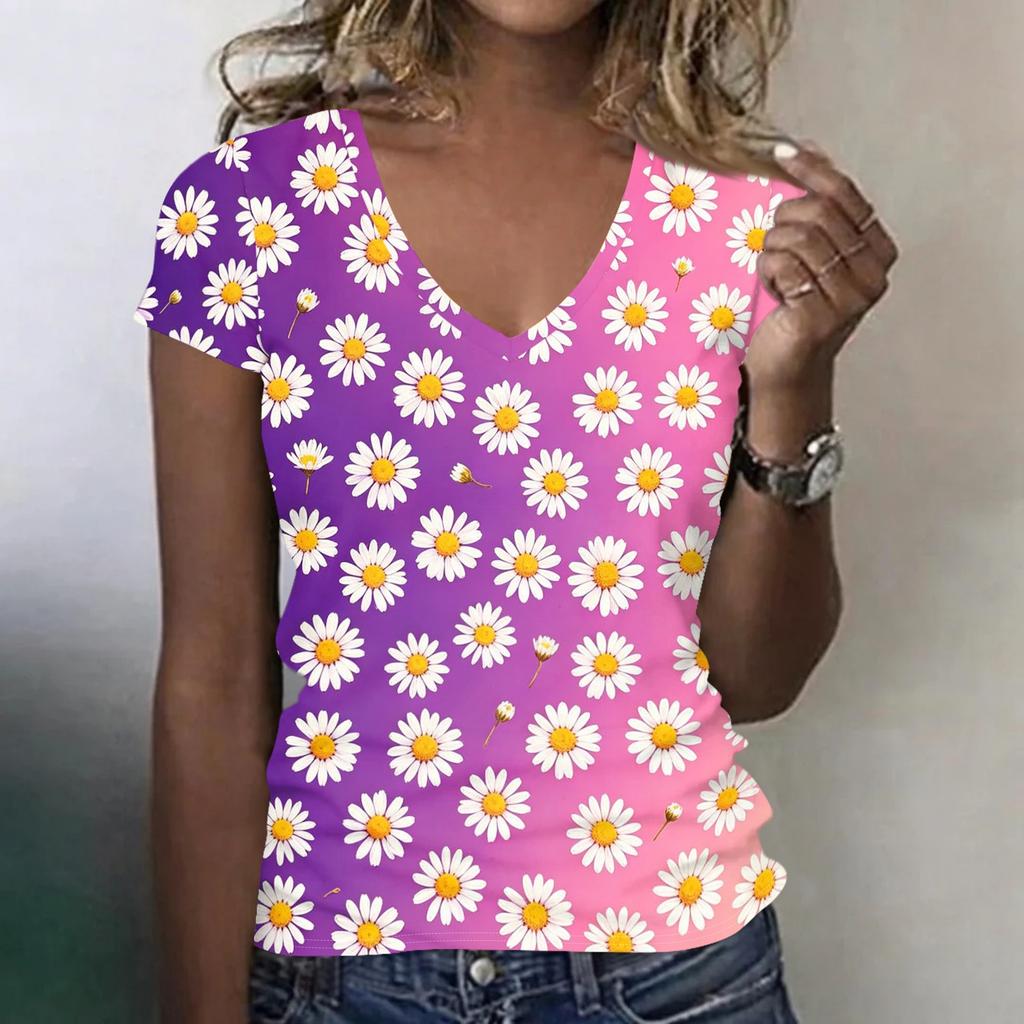 Women's Casual V Neck Short Sleeve Floral Print T Shirt Top Lightweight Comfortable Summer Tee with Daisy Pattern