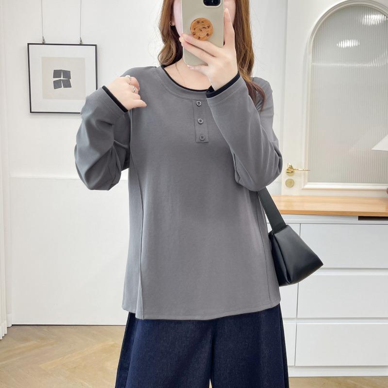 Women S Plus Size Long Sleeve Fake Two Piece Pullover Top Casual Slimming Base Shirt
