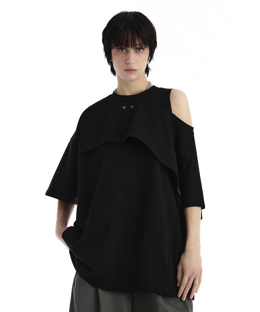 Teulimingbeodeu One-Sleeve Overlay Oversized T-Shirt [ Black ]