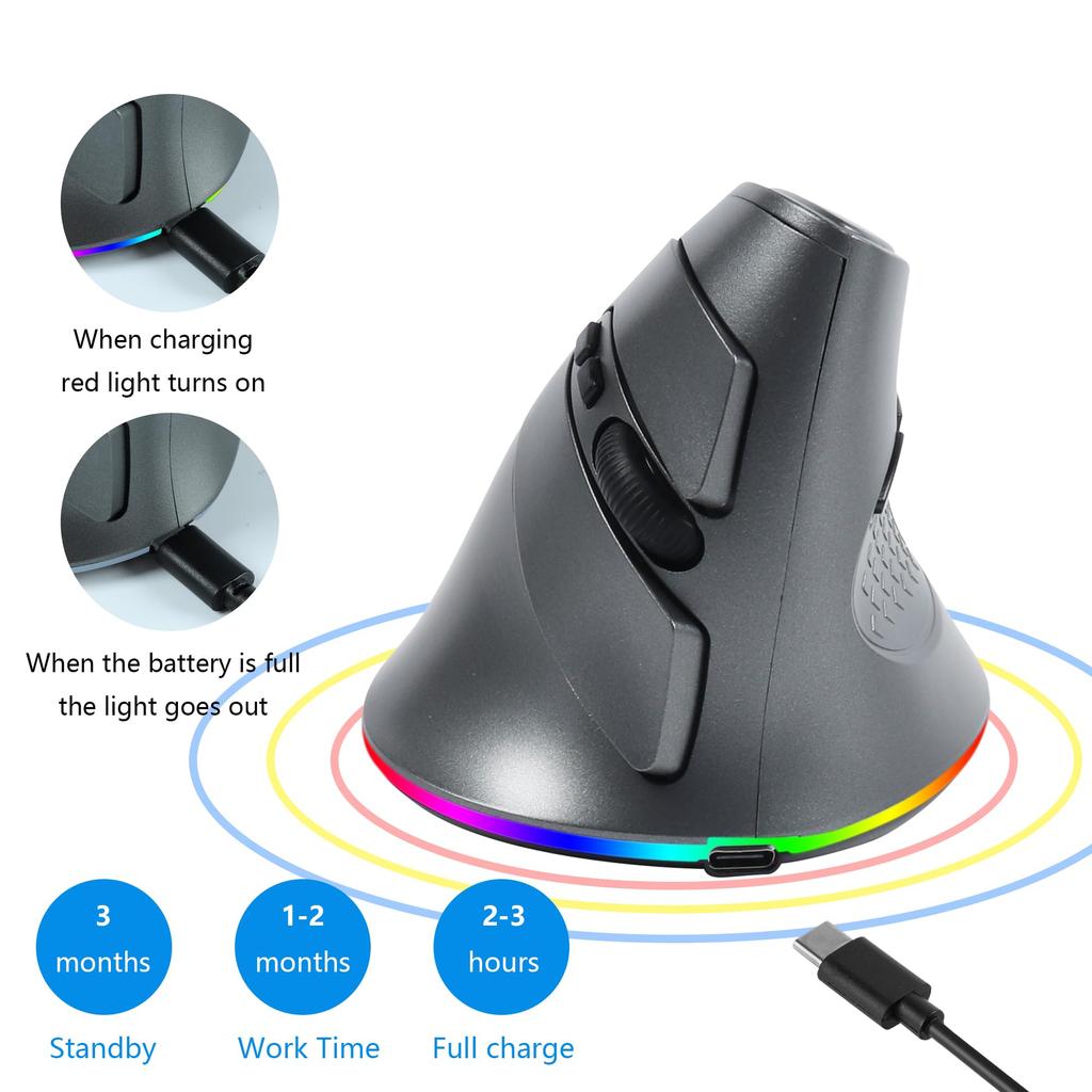 USB Wireless Bluetooth Rechargeable Vertical 7 Vertical Compatible with iOS 13 and and Microsoft Gray 2.4GHz 5.1 Mouse, Quiet, Buttons, Ergonomic,