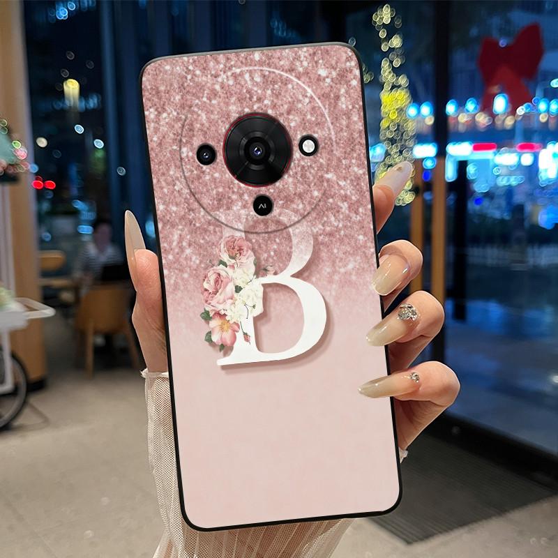 

Initial Letter With Flower Phone Case For ZTE Blade A76 5G Soft Silicone Black Case Anti-scratch Shell ZTE Blade A76 5G Casing ZTE Blade A76 5G